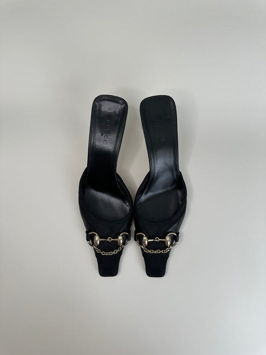 Gucci Black Monogram Horsebit Mules 38
