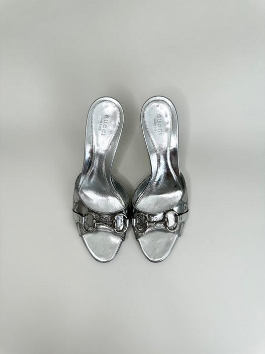 Gucci Silver Monogram Horsebit Sandals 38.5