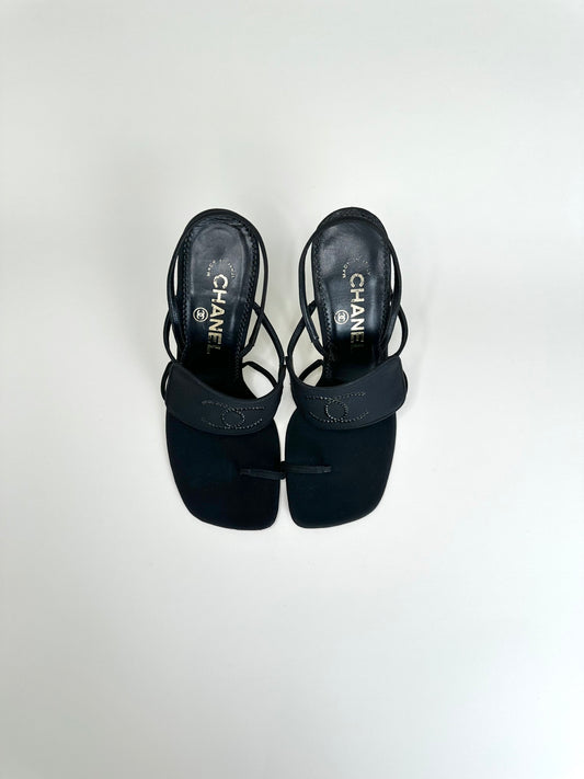 Chanel Black Rhinestone CC Sandals 36