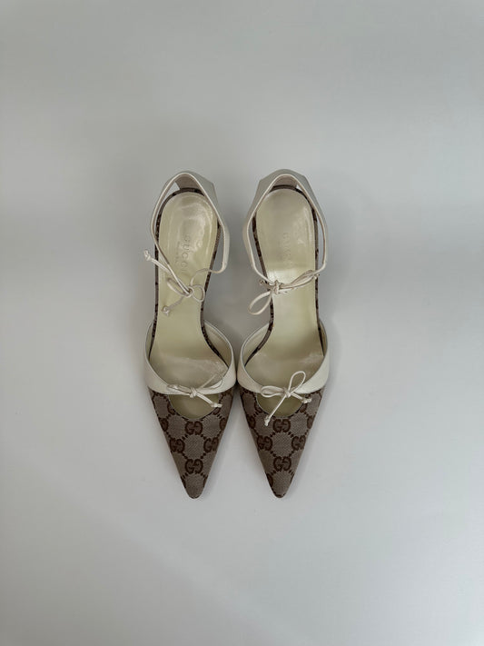 Gucci Monogram Ankle Tie Pumps US 6.5