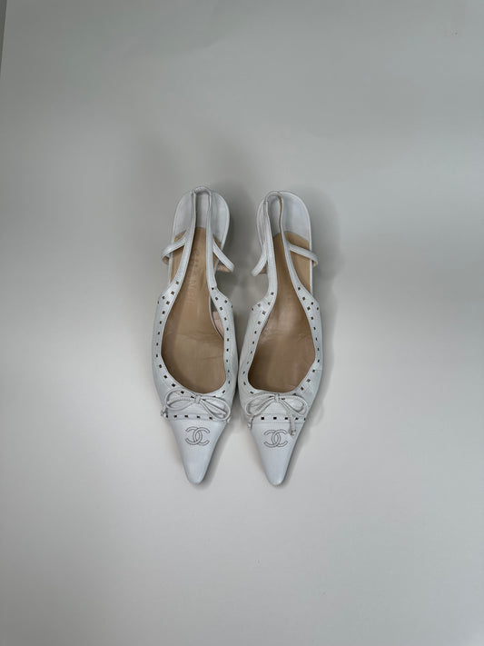 Chanel White CC Slingbacks 38