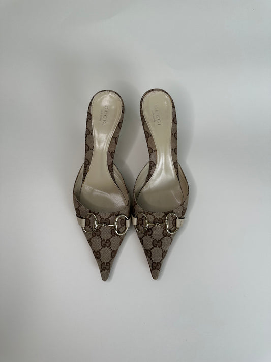 Gucci Monogram Horsebit Cream Mules US 9
