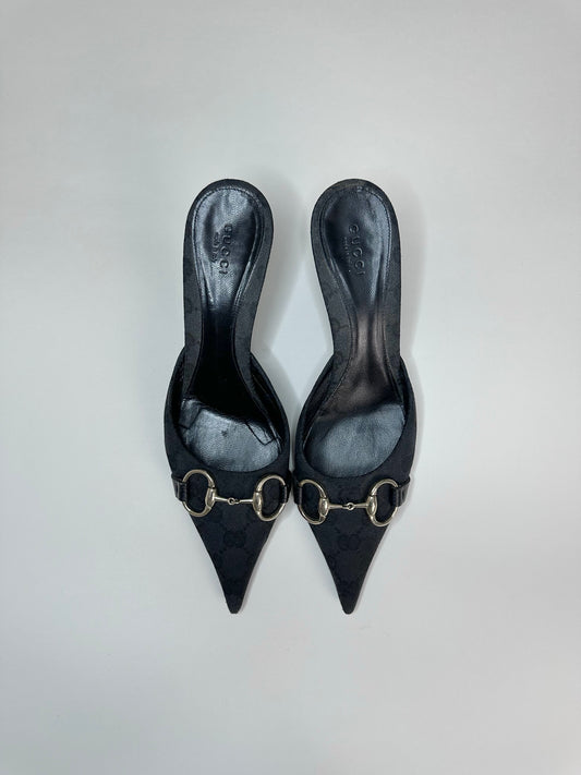 Gucci Black Monogram Horsebit Mules 37.5
