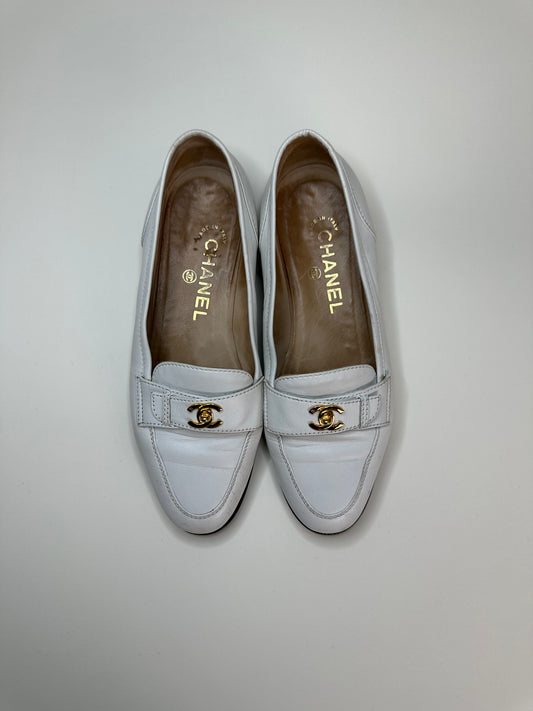 Chanel White Turnlock Loafers 37