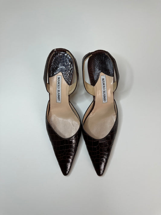 Manolo Blahnik Brown Croc Slingbacks 38