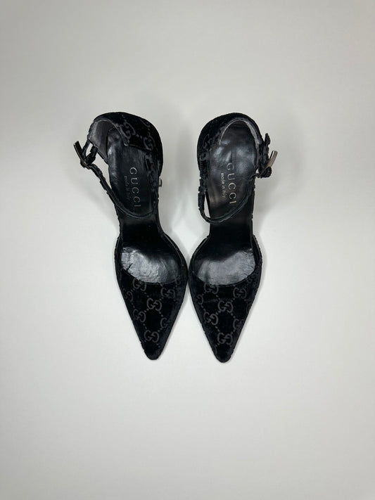 Gucci Velvet Monogram Strap Heels 35.5