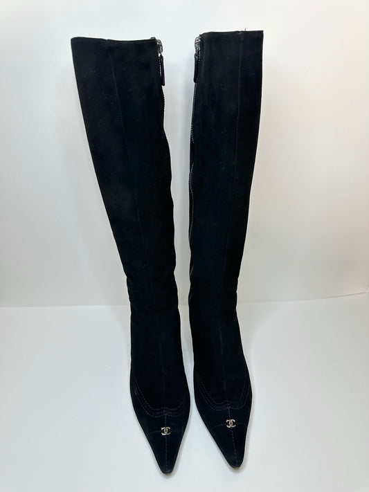Chanel Black Suede Logo Boots 36.5