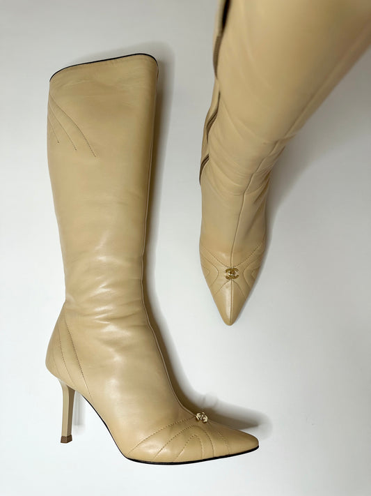 Chanel Beige Leather Turnlock Boots 37.5