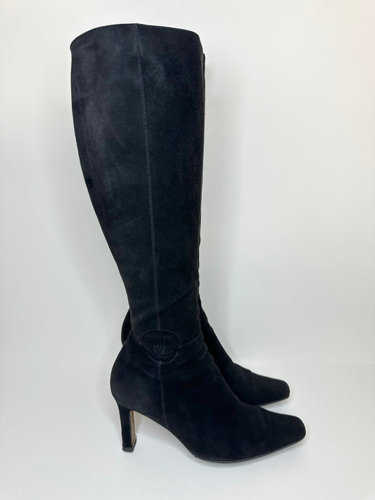 Chanel Black Suede Logo Boots 37